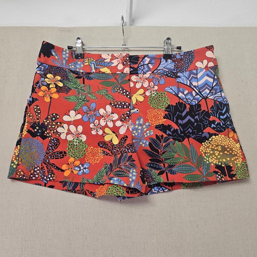 LOFT Riviera Shorts Womens 12 Red Floral Bird Print Cotton Stretch Mid Rise 4in